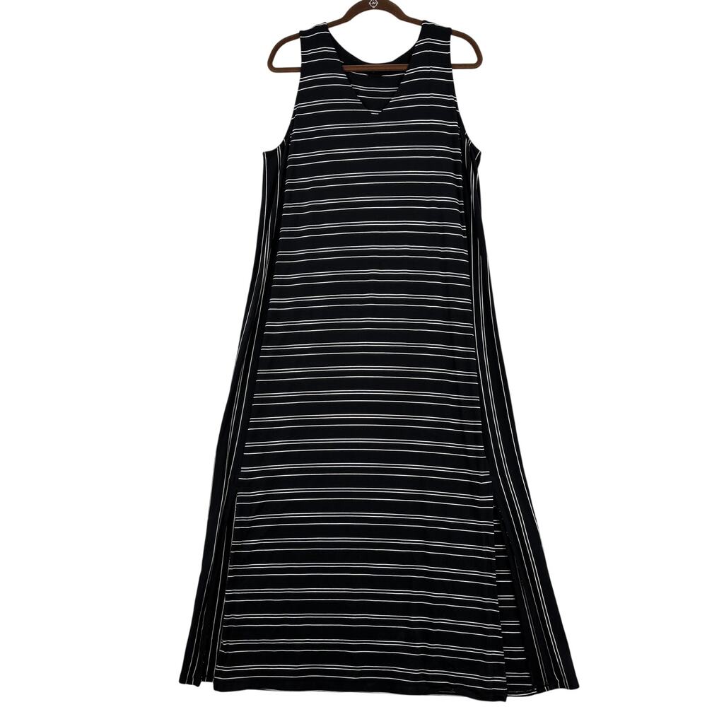 J Jill Wearever Maxi Dress Size L Black White Stripe Sleeveless V Neck Stretch